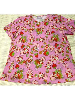 Strawberry Shortcake Pink Scrub Top Women’s L Cartoon Print V-Neck Cotton Blend